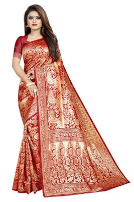 Red woven banarasi silk saree with blouse 1