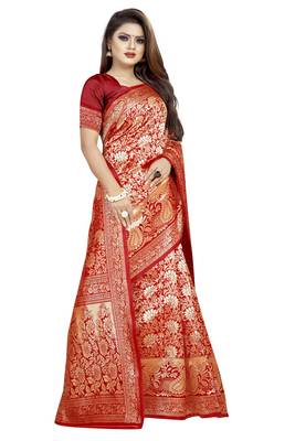Red woven banarasi silk saree with blouse 3
