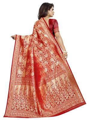 Red woven banarasi silk saree with blouse 4