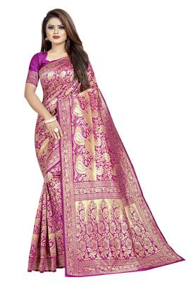 Pink woven banarasi silk saree with blouse 1