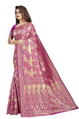 Pink woven banarasi silk saree with blouse 2