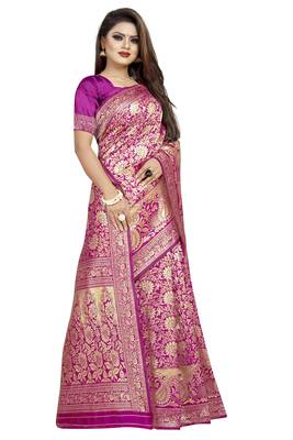 Pink woven banarasi silk saree with blouse 3