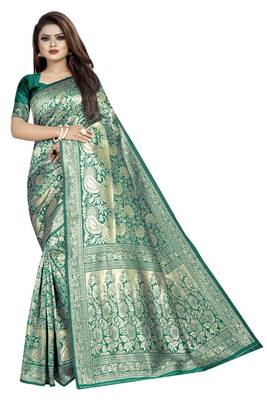 Green woven banarasi silk saree with blouse 1