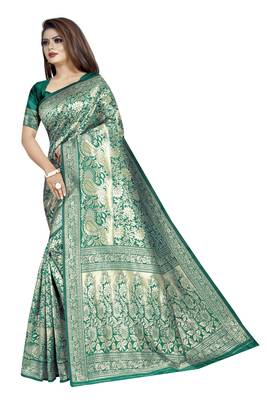 Green woven banarasi silk saree with blouse 2