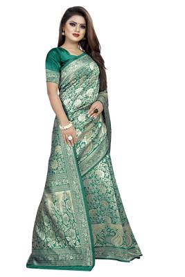 Green woven banarasi silk saree with blouse 3