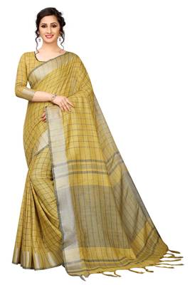 Yellow woven linen saree with blouse 1