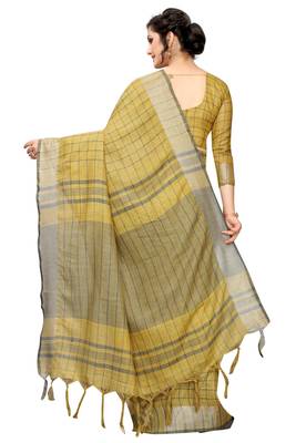 Yellow woven linen saree with blouse 3