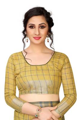 Yellow woven linen saree with blouse 4