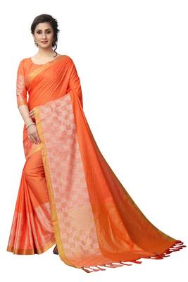 Orange woven linen saree with blouse 1