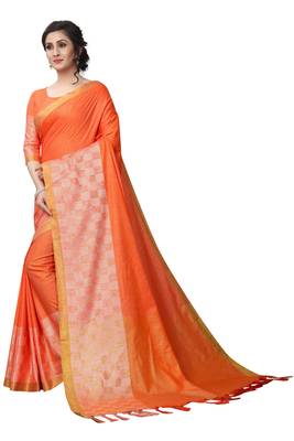 Orange woven linen saree with blouse 2