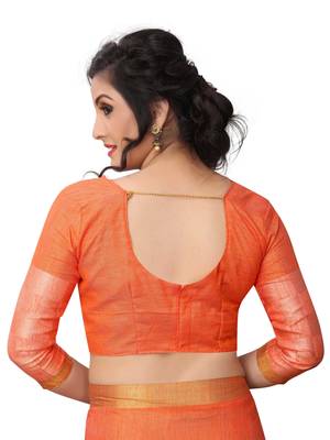 Orange woven linen saree with blouse 5
