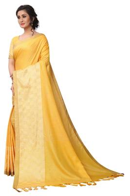 Yellow woven linen saree with blouse 2