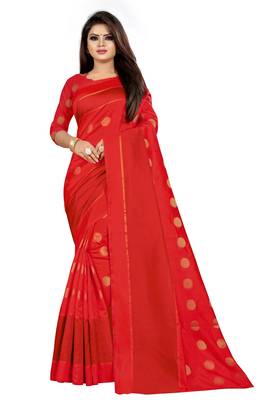 Red woven cotton silk saree with blouse 1