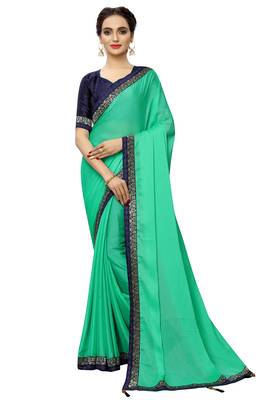 Green plain art silk saree with blouse 1