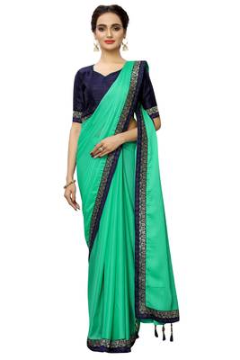 Green plain art silk saree with blouse 2