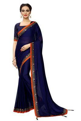 Navy_blue plain art silk saree with blouse 1