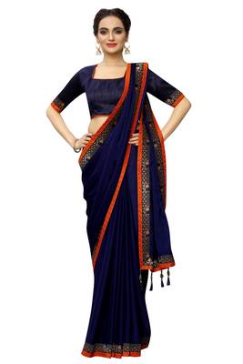 Navy_blue plain art silk saree with blouse 2