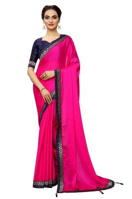 Pink plain art silk saree with blouse 1