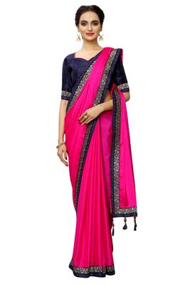 Pink plain art silk saree with blouse 2