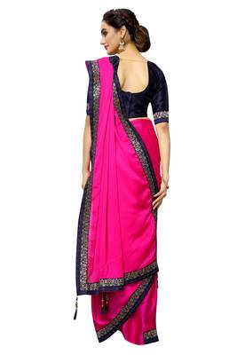 Pink plain art silk saree with blouse 3