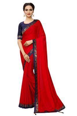 Red plain art silk saree with blouse 1