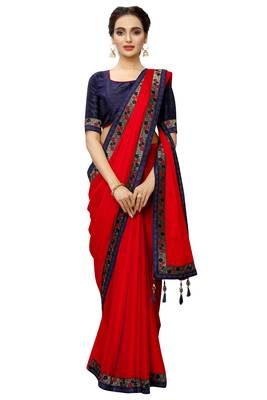 Red plain art silk saree with blouse 2