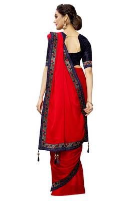 Red plain art silk saree with blouse 3