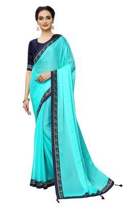 Turquoise plain art silk saree with blouse 1