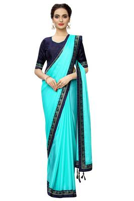 Turquoise plain art silk saree with blouse 2