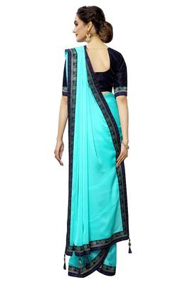 Turquoise plain art silk saree with blouse 3
