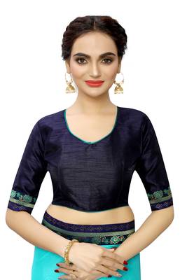 Turquoise plain art silk saree with blouse 4
