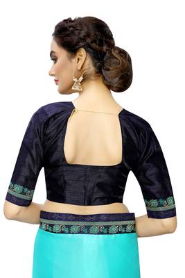 Turquoise plain art silk saree with blouse 5