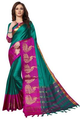 Turquoise woven cotton saree with blouse 1