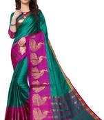 Turquoise woven cotton saree with blouse