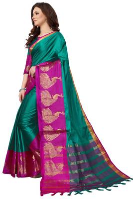 Turquoise woven cotton saree with blouse 2