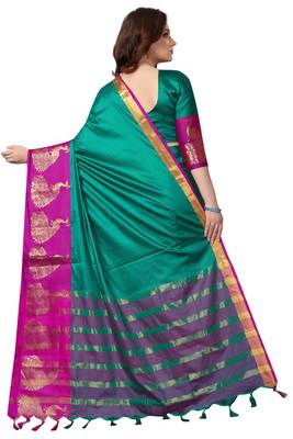 Turquoise woven cotton saree with blouse 3