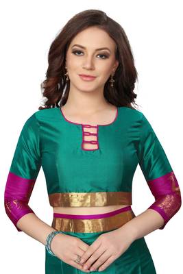 Turquoise woven cotton saree with blouse 4