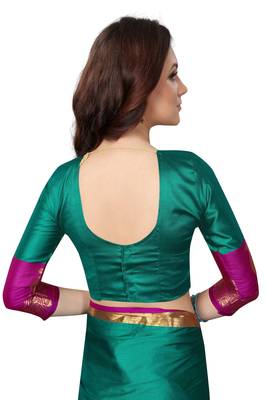 Turquoise woven cotton saree with blouse 5