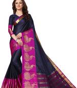Navy blue woven cotton saree with blouse