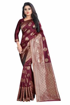Maroon woven banarasi silk saree with blouse 1