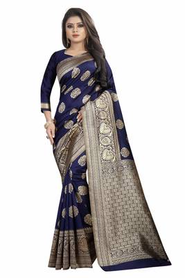 Navy blue woven banarasi silk saree with blouse 1