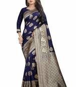 Navy blue woven banarasi silk saree with blouse