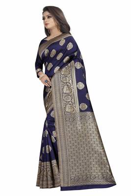 Navy blue woven banarasi silk saree with blouse 2