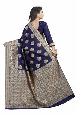 Navy blue woven banarasi silk saree with blouse 3