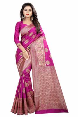 Pink woven banarasi silk saree with blouse 1