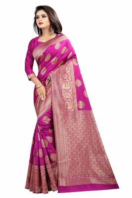 Pink woven banarasi silk saree with blouse 2