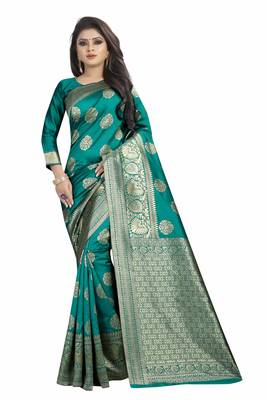 Turquoise woven banarasi silk saree with blouse 1