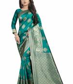 Turquoise woven banarasi silk saree with blouse