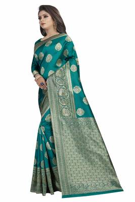 Turquoise woven banarasi silk saree with blouse 2