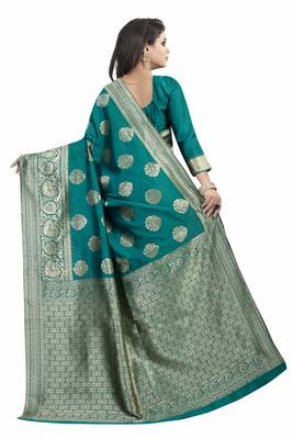 Turquoise woven banarasi silk saree with blouse 3